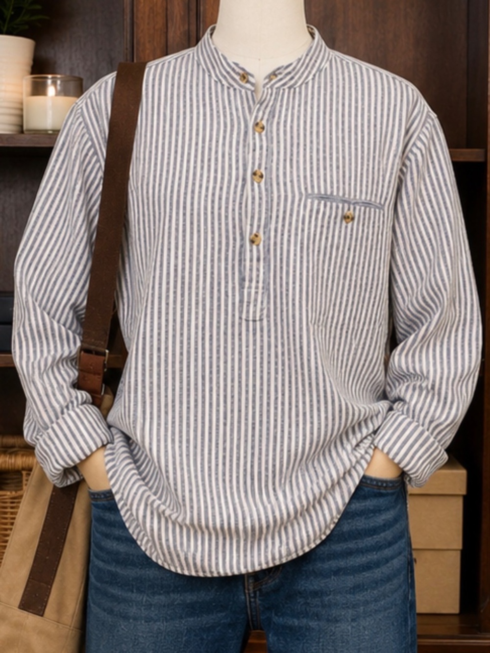 Lee Valley Ireland Mens 3XL Fits XL Grandad Shirt Blue Stripe Cotton Irish